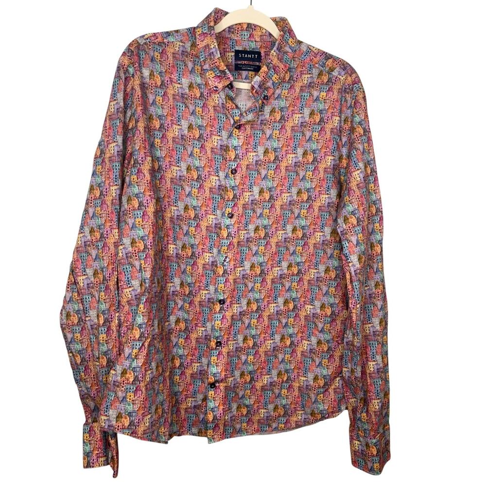 STANTT Button Down Colorful Villa Print Size Irving 17.5" Collar Retired Cotton